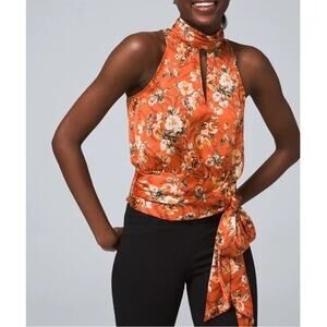 White House Black Market Orange Floral Tie Waist Halter Neck Blouse
